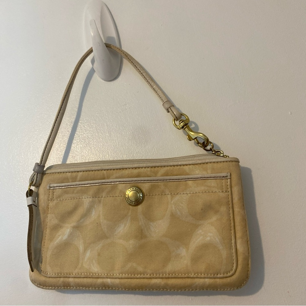 Coach Beige Signature Wristlet with Gold-Tone Hardware